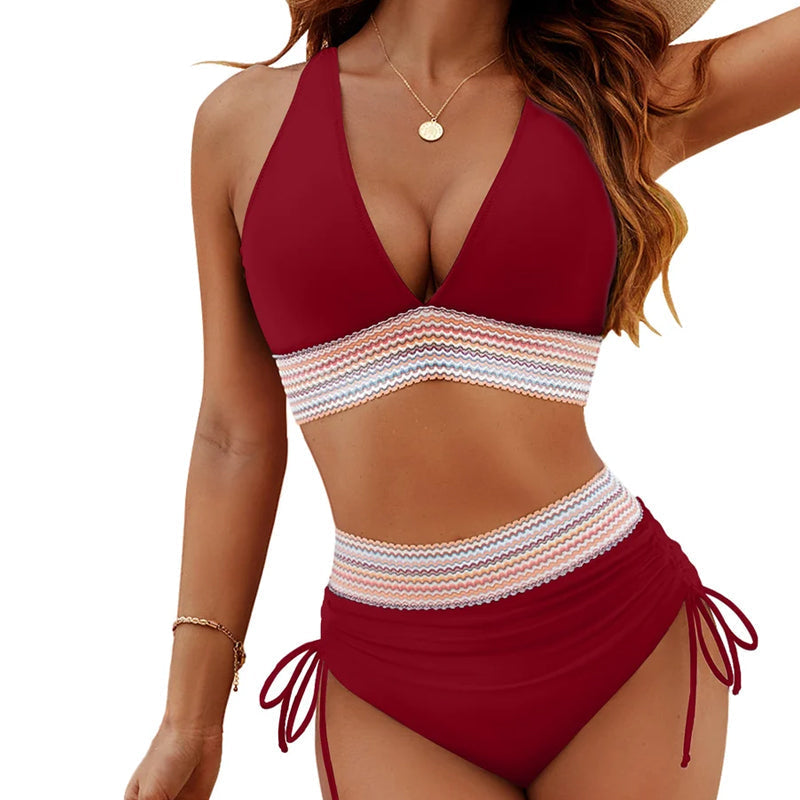 🔥S~4XL tilgjengelig🔥2025 Bikinisett med høy midje og magekontroll i fargeblok